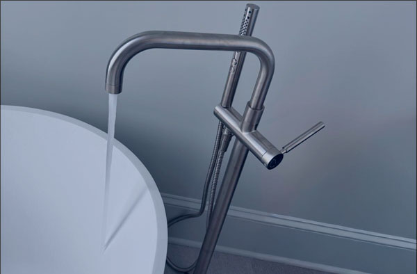 Modern brushed stainless steel freestanding bathtub faucet professionally installed by DMV Crystal Plumbing LLC in Maryland, Virginia, and Washington DC